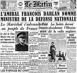 Amiral Darlan - une du journal Le Matin - 13 août 1941
