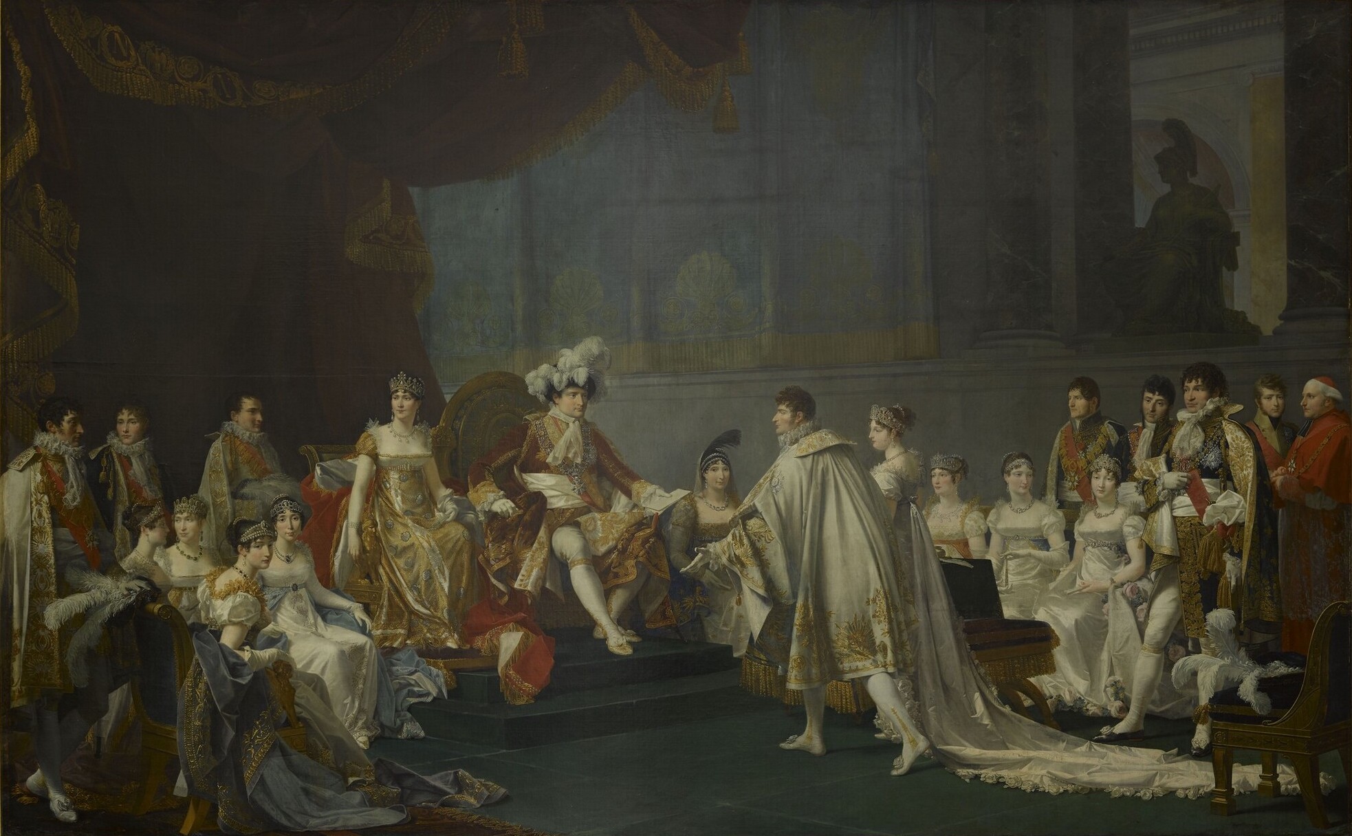 Signature du contrat de mariage du prince Jérôme Bonaparte et de Frédérique-Catherine de Wurtemberg. En présence de la famille impériale aux Tuileries, le 22 août 1807. Jean-Baptiste Regnault