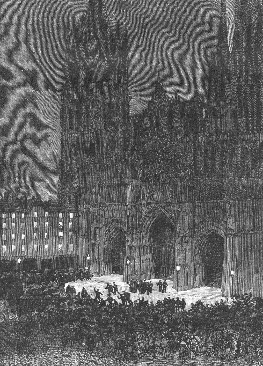 Les troubles de Rouen. Manifestation aux abords de la cathédrale à la suite des prêches de l'abbé Garnier. Dessin d'Osvaldo Tofani, Le Monde illustré, 28 janvier 1888
