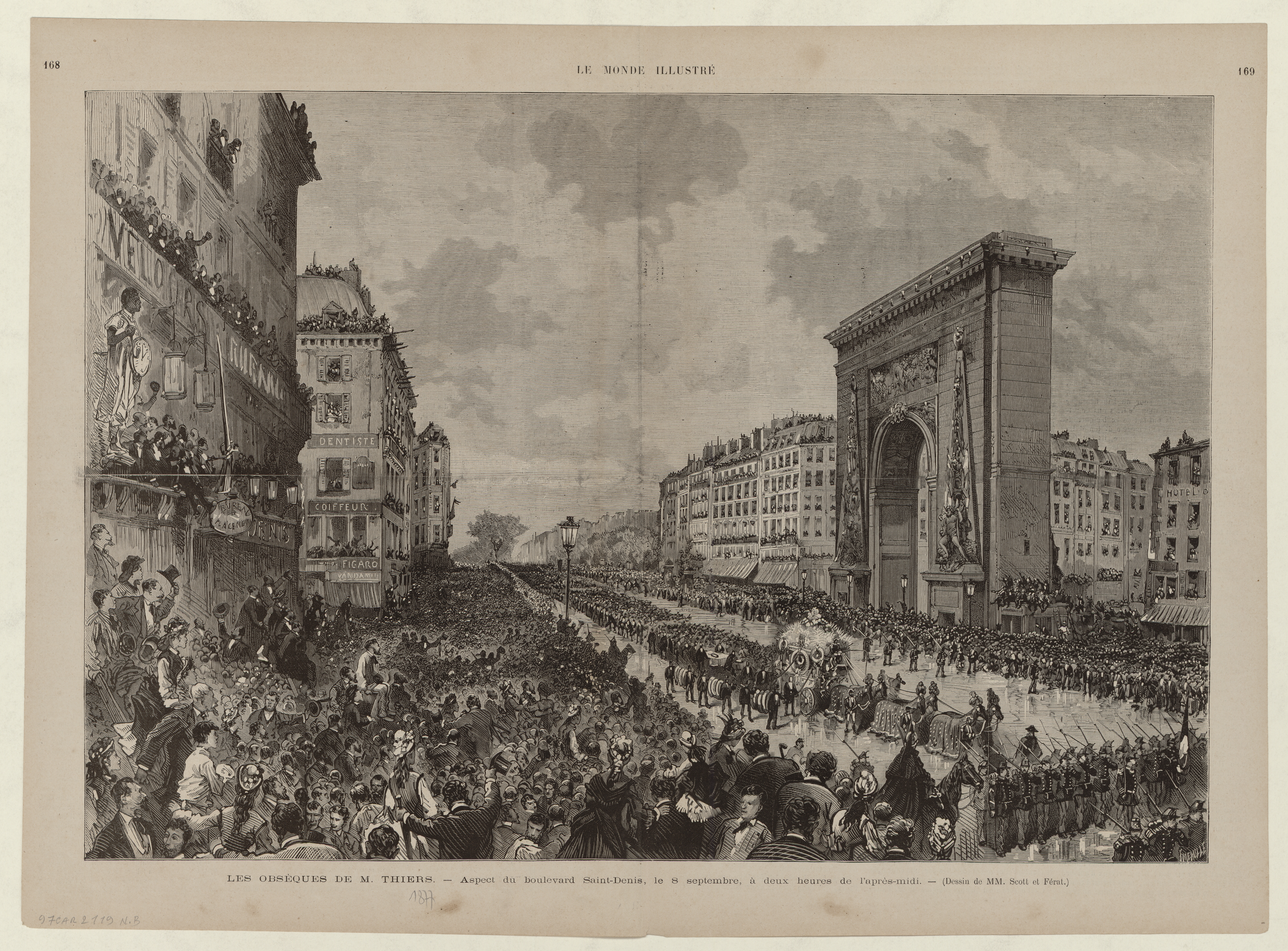 Les obsèques de M. Thiers : le cortège passant sur le boulevard Saint-Denis. Le Monde illustré du 15 septembre 1877