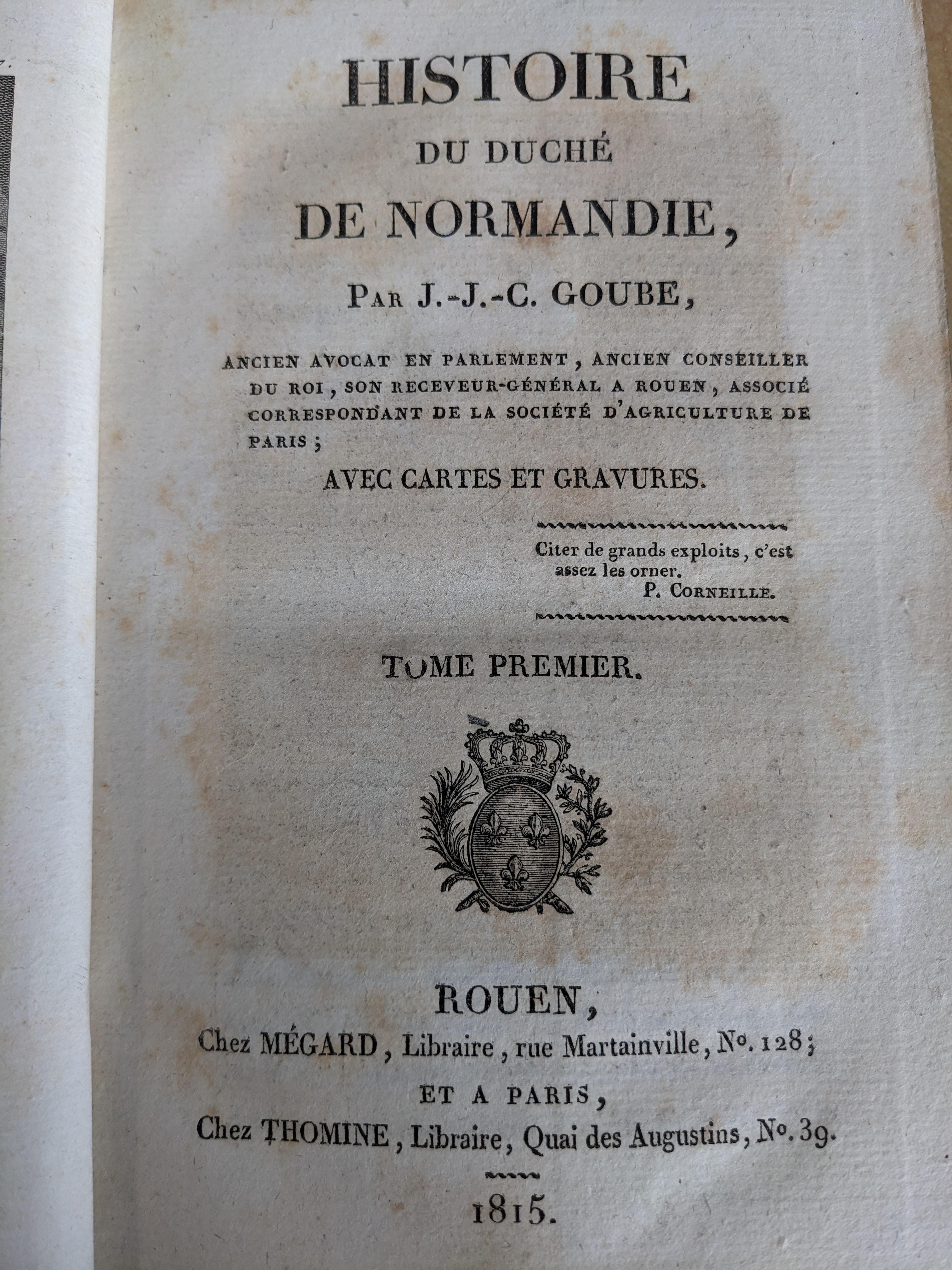 Histoire du Duché de Normandie, tome premier, page de titre