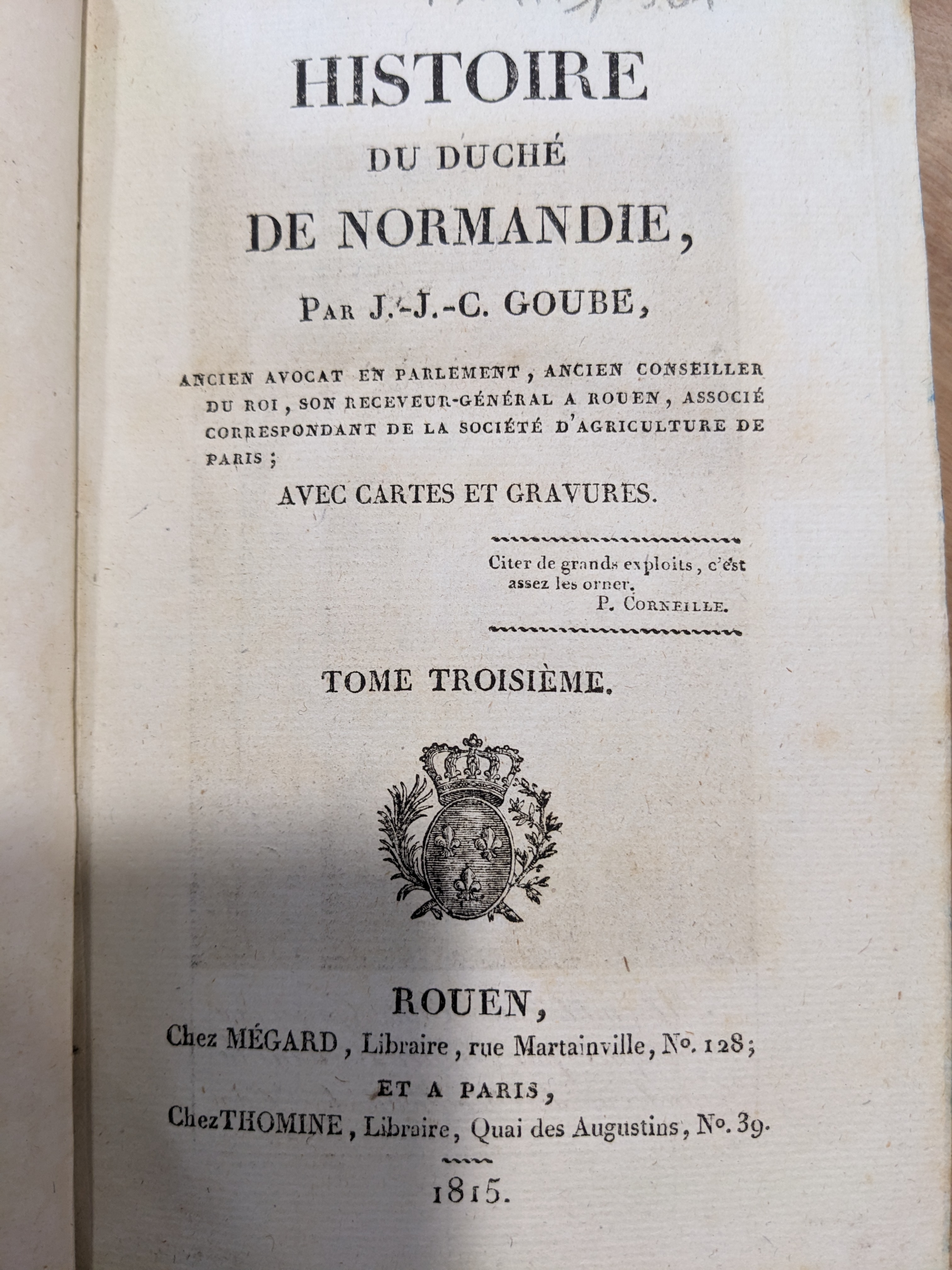 Histoire du duché de Normandie, tome troisième, page de titre
