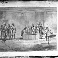 Reproduction d'un dessin représentant l'arrivée des prussiens à l'Hôtel de Ville de Rouen en 1870